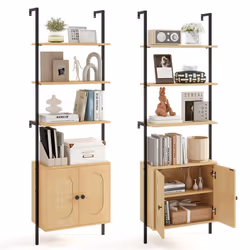 COSTWAY Bibliothèque Étagère Échelle à 6 Niveaux avec Armoire en Rotin Cadre Métallique pour Salon Chambre Bureau 30x60x180cm