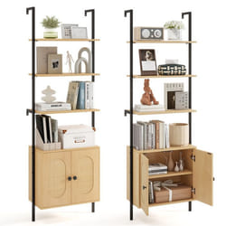COSTWAY Bibliothèque Étagère Échelle à 6 Niveaux avec Armoire en Rotin Cadre Métallique pour Salon Chambre Bureau 30x60x180cm