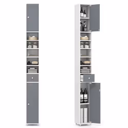 COSTWAY Meuble Colonne de Salle de Bain avec 2 Placards à Porte 1 Tiroir et 5 Étagères Réglables 20 x 20 x 180 cm Gris+Blanc