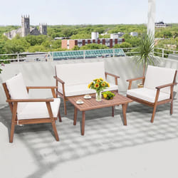 COSTWAY Ensemble 4 Pièces Table et Chaises de Jardin Extérieur en Acacia Coussins dAssise et de Dossier pour Balcon Patio Blanc