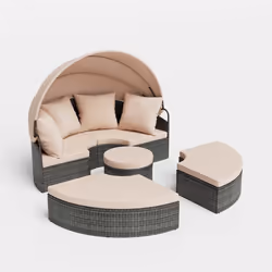 Salon de Jardin Extérieur en Rotin PE COSTWAY avec Auvent Rétractable et Coussins Lit de Soleil pour Piscine et Arrière-courB ...
