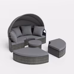 Salon de Jardin Extérieur en Rotin PE COSTWAY avec Auvent Rétractable et Coussins Lit de Soleil pour Piscine et Arrière-cour ...