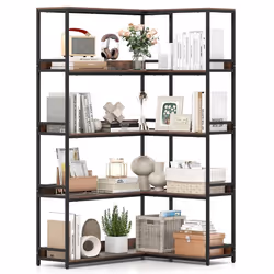 Bibliothèque en L 180cm à 5 Niveaux COSTWAY Cadre en Métal Kits Anti-basculement Étagère dAngle pour Salon BureauBrun Rustiqu ...
