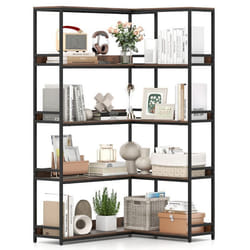 Bibliothèque en L 180cm à 5 Niveaux COSTWAY Cadre en Métal Kits Anti-basculement Étagère dAngle pour Salon BureauBrun Rustique