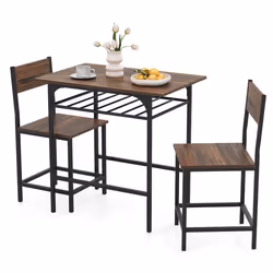 COSTWAY Ensemble Table et Chaises de Salle à Manger pour 2 Personnes - Cadre en Métal Étagère Marron
