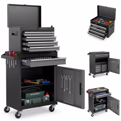 COSTWAY Servante dAtelier Outils 4 Tiroirs Compartiment Amovible Etagère Réglable Planche à Outils Roues Verrouillables Gris