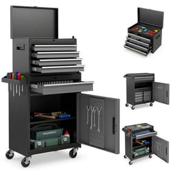 COSTWAY Servante dAtelier Outils 4 Tiroirs Compartiment Amovible Etagère Réglable Planche à Outils Roues Verrouillables Gris