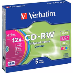 Verbatim CD-RW Colour 12x, 12x, CD-RW, 120 mm, 700 Mo, Petit boitier, 5 pièce(s)
