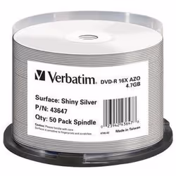 Verbatim 43647, DVD-R, 120 mm, Imprimable, Boîte à gâteaux, 50 pièce(s), 4,7 Go
