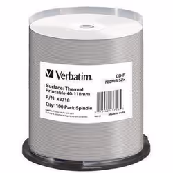 Verbatim CD-R Thermal Printable No ID Brand, 52x, CD-R, 120 mm, 700 Mo, Fuseau, 100 pièce(s)