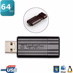 Verbatim Micro-clé USBPinStripe de 64 Go - noire, 64 Go, USB Type-A, 2.0, 10 Mo/s, Slide, Noir