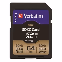 Verbatim Pro+, 64 Go, SDXC, Classe 10, 90 Mo/s, 80 Mo/s, Noir