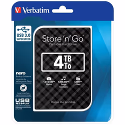 Verbatim Disque dur portable USB Store 'n' Go 3.0, 4 To, noir, 4 To, 3.2 Gen 1 (3.1 Gen 1), 5400 tr/min, Noir