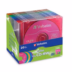 Verbatim CD-RW 80MIN 700MB 12X Color 20pk Matching Color Slim Cases, 12x, CD-RW, 120 mm, 700 Mo, Petit boitier, 20 pièce(s)