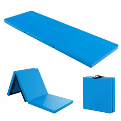 Tapis de Gym Pliable COSTWAY-180 x 60 x 5cm-3 Plis avec Poignée-Attaches Auto-agrippantes-en PU Etanche Remplissage EPE-Bleu
