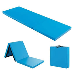 Tapis de Gym Pliable COSTWAY-180 x 60 x 5cm-3 Plis avec Poignée-Attaches Auto-agrippantes-en PU Etanche Remplissage EPE-Bleu