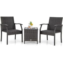 Ensemble de Meubles 3 Pcs de Patio en Rotin Tissé Charge 150KG, Salon de Jardin 2 Fauteuils avec Siège Rembourré Table Basse Plateau en Verre Trempé,