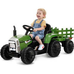 Costway - Tracteur avec Remorque Electrique pour Enfants 12 v avec Télécommande 2,4G - 3 Vitesses avec Eclairage led, Musique, Klaxon, Fonctions