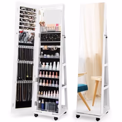 COSTWAY 3 en 1 Armoire à Bijoux LED sur Roulettes - Miroir Psyché sans Cadre - Étagères Réglables - Verrouillable - Blanc