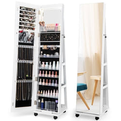 COSTWAY 3 en 1 Armoire à Bijoux LED sur Roulettes - Miroir Psyché sans Cadre - Étagères Réglables - Verrouillable - Blanc