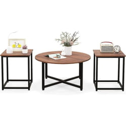 Costway - Table Basse Salon 3 Pcs, Table Basse Ronde avec 2 Tables d'Appoint Carrées, Cadre en Métal, Design Moderne Industriel, Table Salon Lot de 3