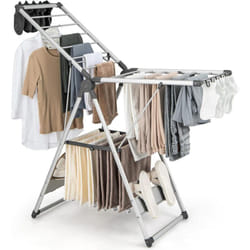Costway - tendoir Linge Intérieur, Sechoir à Linge Pliable en Alu 2 Niveaux, Tancarville Linge Solide avec 21 Barres, 4 Porte-Chaussures, 10 Pinces,