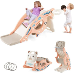 Costway - 4 en 1 Toboggan Enfants avec 3 Modes & Motif d'ours, Cheval à Bascule Intérieur Extérieur avec Panier de Basketball & Ballon, Charge 50kg