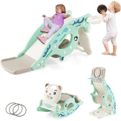 Costway - 4 en 1 Toboggan Enfants avec 3 Modes & Motif d'ours, Cheval à Bascule Intérieur Extérieur avec Panier de Basketball & Ballon, Charge 50kg