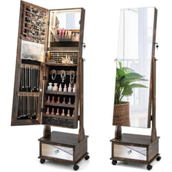 Costway - Armoire à Bijoux sur Roulettes, Verrouillable, Organisateur de Bijoux sur Pieds avec Miroir Psyché sans Cadre, Miroir Intégré avec Lumières