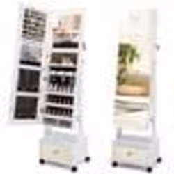 COSTWAY Armoire à Bijoux sur Pied - 4 Roues Verrouillables Miroir Pleine Longueur Lumières LED Tiroir Serrure et Clé - Blanc