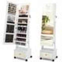 COSTWAY Armoire à Bijoux sur Pied - 4 Roues Verrouillables Miroir Pleine Longueur Lumières LED Tiroir Serrure et Clé - Blanc