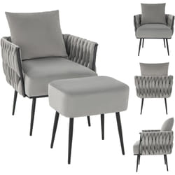 Costway - Fauteuil de Salon avec Tabouret et Oreiller Lombaire, Fauteuil Scandinave en Velours Hollandais, Dossier et Accoudoirs Tissés, Profondeur