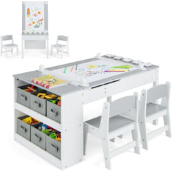 COSTWAY 2 en 1 Table à Dessin et 2 Chaises Enfants avec Plateau Inclinable, Table d'Activité en Bois avec 6 Boîtes de Rangement & Rouleau de Papier,