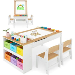 Costway - 2 en 1 Table à Dessin et 2 Chaises Enfants avec Plateau Inclinable, Table d'Activité en Bois avec 6 Boîtes de Rangement & Rouleau de