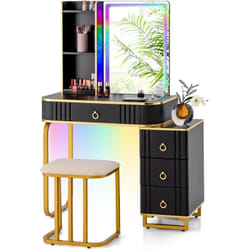 Costway - Coiffeuse avec Miroir led, Table de Maquillage avec Tabouret Rembourré, 4 Tiroirs, Lumières led rvb avec 7 Modes Dynamiques, Station De