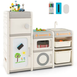 Costway - tagère de Rangement Jouet en Forme Cuisine avec Tableau Blanc & Évier Amovible, Meuble de Rangement Jouet en hdpe avec 4 Armoires & 2 Bacs,