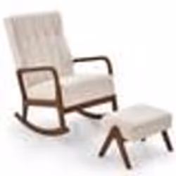COSTWAY Fauteuil à Bascule avec Ottoman en Tissu Rembouré Cadre en Bois dHévéa Massif et Coussin Rembourré Capitonné Beige