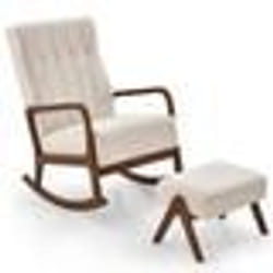 COSTWAY Fauteuil à Bascule avec Ottoman en Tissu Rembouré Cadre en Bois dHévéa Massif et Coussin Rembourré Capitonné Beige