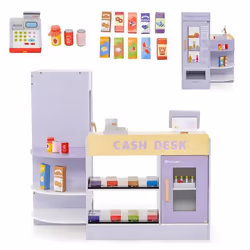 Marchande Enfants COSTWAY 13 Accessoires Distributeur Automatique Épicerie Enfants 3-8 Ans en Bois Violet
