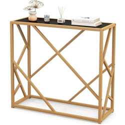 Costway - Console pour Entrée avec Plateau en Verre Trempé 80 cm, Table Console Cadre en Métal Doré, Design Géométrique, Console Meuble Moderne pour