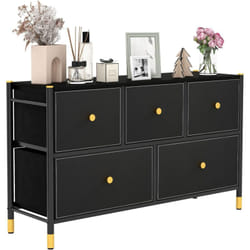 Costway - Commode Chambre, Commode Chambre Adulte 5 Tiroirs en Cuir pu et Tissu Pliable, Cadre en Métal, Chiffonnier Moderne avec Poignée Doré,