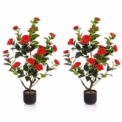 Camélias Artificiels - COSTWAY - Lot de 2 - Rouge - Intérieur