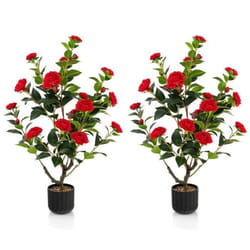 Camélias Artificiels - COSTWAY - Lot de 2 - Rouge - Intérieur