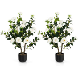 Costway - Plante Artificielle à Fausses Fleurs de 95 cm, Fausse Plante Camélia Artificiel dans Un Pot Remplies de Ciment avec 24 Fleurs, Décoration