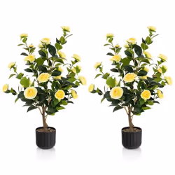 COSTWAY Lot de 2 Camélias Artificiels de 95 cm Fausse Plante Florale dans Un Pot en Ciment pour Magasin Bureau Maison Jaune