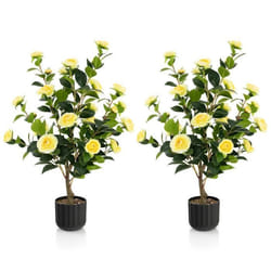 COSTWAY Lot de 2 Camélias Artificiels de 95 cm Fausse Plante Florale dans Un Pot en Ciment pour Magasin Bureau Maison Jaune