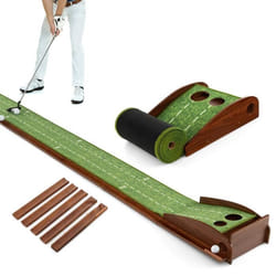 Tapis de Putting Golf Enroulant COSTWAY 303cm-Retour Automatique-3 Balles de Golf-4 Guides dAlignement-Goulotte Magnétique-2 Trous