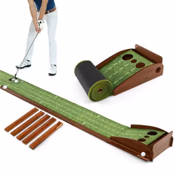 Tapis de Putting Golf Enroulant COSTWAY 303cm - Retour Automatique - 3 Balles de Golf - Guides dAlignement