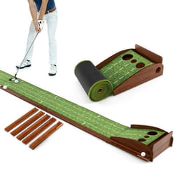 Tapis de Putting Golf Enroulant COSTWAY 303cm - Retour Automatique - 3 Balles de Golf - Guides dAlignement
