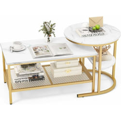 COSTWAY Tables Basses Gigognes Lot de 2, Table Gigogne Design Marbre, Cadre en Métal Doré, Table Basse Salon Rectangulaire, Table d'Appoint Ronde